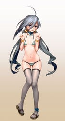 as109 bikini blue_eyes blush bracelet choker female grey_hair hair_ribbon kantai_collection kiyoshimo_(kantai_collection) navel open_mouth open_toe_shoes ribbon small_breasts solo standing thigh_gap thighhighs tied_hair twintails