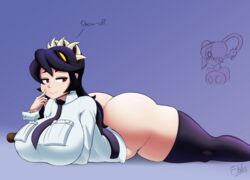2girls alternate_breast_size ass big_ass big_breasts bottomless breasts female female_only fibilis filia_(skullgirls) half-closed_eyes huge_ass huge_breasts leviathan_(skullgirls) looking_at_viewer partially_colored samson_(skullgirls) sketch skullgirls solo_focus spread_legs squigly text thick_thighs thighhighs watermark wide_hips