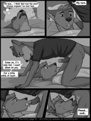 accidental_erection after_masturbation after_the_party bed canine clothing comic couple cum cum_on_self dialogue english_text erection fellatio furaffinity_username jackaloo male mammal on_bed oral page_11 party penis sex yaoi