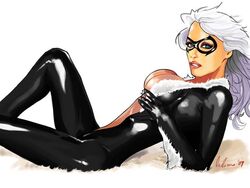 1girls bed black_cat_(cosplay) black_cat_(marvel) bodysuit cosplay felicia_hardy female female_only green_eyes human human_only latex ledomo light-skinned_female light_skin marvel pamela_anderson shiny solo spider-man_(series) white_background white_hair