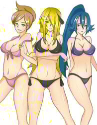 3girls aurea_juniper bikini black_bikini blonde_hair blue_hair brown_hair champion clair_(pokemon) cynthia_(pokemon) female female_only gym_leader human human_only jumon mature_female milf nintendo pink_bikini pokemon pokemon_bw pokemon_dppt pokemon_gsc pokemon_professor purple_bikini swimsuit trio
