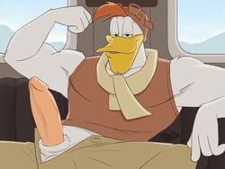 anthro avian balls bird clothing disney duck erection flexing humanoid_penis idrewthis launchpad_mcquack male male_only muscles open_pants pants penis pluvatti solo