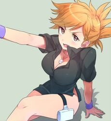 1girls arm_support black_shirt blue_oak breasts brown_eyes brown_hair female naughty_face necklace no_pants no_underwear pokemon pokemon_champion pokemon_frlg pokemon_rgby rule_63