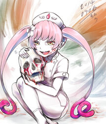 1girls artist_request ass blood ebola-chan female guro looking_at_viewer pink_hair skull solo thighhighs yellow_eyes