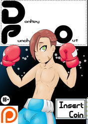 1boy boxing boxing_gloves brown_hair comic cover gloves green_eyes human kokujin male male_only navel original scar shorts solo topless wink