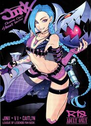 1girls blue_hair boots colored doujin_cover english_text eyeliner female female_only gloves hirame jewelry jinx_(league_of_legends) league_of_legends lipstick looking_at_viewer makeup navel necklace partially_clothed punk shoes shorts smile solo stockings tattoos text tied_hair twin_braids twintails