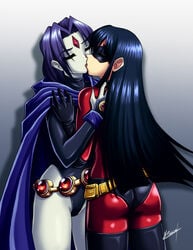 2girls ass belt black_hair bodysuit cape closed_eyes clothing crossover dc dc_comics disney female female_only french_kiss goth goth_girl gothic karosu-maker kissing leotard long_hair multiple_girls pixar rachel_roth raven_(dc) short_hair straight_hair superheroine teen_titans teenager the_incredibles violet_parr yuri