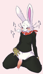 blush cum fur lagomorph male mammal oumagadoki_doubutsuen penis plain_background rabbit shiina solo unknown_artist white_fur yaoi