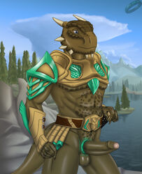 1boy abs archshen argonian armor blue_eyes cock_ring erection landscape male male_only penis scalie solo sword the_elder_scrolls tree uncut video_games weapon