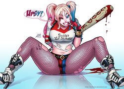 1girls baseball_bat bat_(object) batman_(series) belt blonde_hair blood blue_eyes boots breasts busty choker clown_makeup darkereve dc_comics dc_extended_universe eyeliner eyeshadow facepaint female female_only finger_to_mouth fingerless_gloves fishnet fishnet_pantyhose gloves grin harley_quinn high_heels highres large_breasts lipstick makeup navel pantyhose shorts sitting smile solo spiked_bracelet spread_legs suicide_squad tattoo tied_hair torn_clothes twintails voluptuous wink