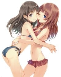 2girls :3 arms_around_waist ass atelier_(series) atelier_rorona atelier_totori bikini black_hair blue_bikini blue_eyes blush breast_press breasts brown_hair cheek-to-cheek cleavage frilled_bikini frills grey_eyes highres hug hugging kishida_mel legs long_hair miniskirt multiple_girls navel official_art one_eye_closed red_bikini red_hair rororina_fryxell side-tie_bikini swimsuit symmetrical_docking totooria_helmold transparent_background wink