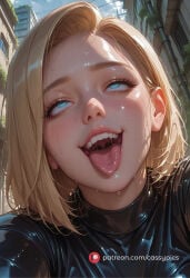1girl 1girls ahe_gao ahegao ahegao_face ai_generated android_18 beautiful blonde_hair blush bodysuit booty busty close-up curvy cute dragon_ball dragon_ball_z fanart female fit fit_body fit_female high_quality highres hot hourglass_figure latex long_eyelashes naked navel nude parted_lips patreon portrait puffy_lips puffy_nipples rolling_eyes round_ass round_breasts round_butt sexy short_hair slim_waist stomach thick thick_ass thick_legs thick_thighs tongue_out waifu wet wet_body wide_hips