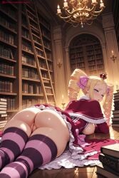 1girl ai_generated artist_name ass beatrice_(re:zero) blonde_hair blue_eyes blush book book_stack bookshelf breasts capelet censored clock crown drill_hair female female_only frills from_behind fur_trim hair_ribbon hi_res high_quality high_resolution indoors library long_hair long_sleeves looking_at_viewer looking_back mini_crown mosaic_censoring nipples no_panties patreon pussy re:zero_kara_hajimeru_isekai_seikatsu ribbon seductive sexy shiny shiny_skin solo striped striped_legwear symbol-shaped_pupils thighhighs twin_drills twintails uncensored watermark