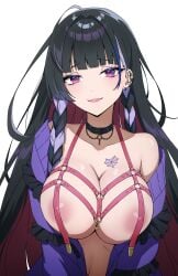 1girl absurdres ahoge areola_slip barbell_piercing belt black_collar black_hair blue_hair blunt_bangs braid breasts cardigan chest_harness collar commentary daydarion ear_piercing earrings eyeshadow frilled_sweater grey_hair harness highres jewelry large_breasts long_hair long_sleeves looking_at_viewer makeup meloco_kyoran multicolored_hair naked_cardigan necklace nijisanji nijisanji_en no_bra o-ring o-ring_harness off_shoulder open_cardigan open_clothes piercing purple_cardigan purple_eyes purple_eyeshadow purple_hair red_belt revision side_braid side_braids simple_background smile smug solo spider_web_tattoo streaked_hair tattoo upper_body v_arms very_long_hair virtual_youtuber white_background