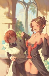 2girls animal bigrbear black_dress breasts dress female female_only green_eyes highres looking_at_viewer maid maid_headdress medium_breasts multiple_girls open_mouth original outdoors pussy red_eyes red_hair short_hair smile standing uncensored