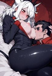 ai_generated breastfeeding formal_clothes helltaker helltaker_(character) holding_head looking_at_partner lucifer_(helltaker) office_clothing red_eyes sucking_nipples tight_clothing white_hair