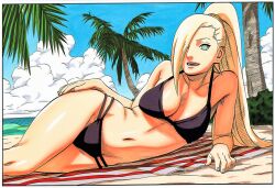 accurate_art_style accurate_body_type ai_generated beach big_breasts bikini bikini_bottom bikini_top blonde_hair gnomro ino_yamanaka laying_on_towel manga_style masashi_kishimoto_style naruto naruto_(series) outdoors outside