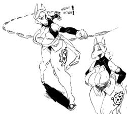 1girls action_pose anthro big_breasts black_and_white breasts cleavage clothed clothing english_text equid equine female hair hi_res hooves horse huge_breasts jijis-waifus lips mammal monochrome multiple_images pose solo tattoo text wide_hips