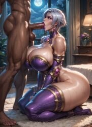 ai_generated big_ass big_lips blowjob cleavage dark-skinned_male dripping_saliva drooling high_quality huge_breasts huge_cock interracial isabella_valentine kneeling_oral_position leotard looking_up_at_partner mature_female moonchild41 namco nude pale-skinned_female penis short_hair side_view silver_hair skimpy_outfit soul_calibur sucking_penis sweat thick_thighs voluptuous_female wide_hips younger_male
