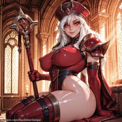 1girl ai_generated armor ass backdoorsenpai big_ass blurry bodysuit breasts covered_nipples curvy egao elbow_gloves female_focus from_side hat large_breasts leotard long_hair looking_at_viewer makeup naughty_face naugty_eyes pauldrons pelvic_curtain perky_breasts red_eyes sally_whitemane sitting smile solo_focus thick_thighs thigh_boots thighhighs thighs warcraft white_hair wide_hips world_of_warcraft