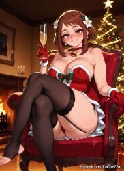1girl 2026 ai_generated alternate_costume anime bare_shoulders bell black_thighhighs blush boku_no_hero_academia boobs breasts brown_eyes brown_hair candle chair choker christmas christmas_tree cleavage covered_nipples crossed_legs crossover cup dress drinking_glass earrings eye_contact feet female female_focus fireplace flower flushed fur_trim garter_straps gloves grin hair_accessory hair_flower hair_ornament handwear highres holding holding_cup huge_breasts indoors inside jewelry large_breasts looking_at_viewer my_hero_academia neck_bell nsfw ochako_uraraka panties patreon patreon_username red_choker red_dress red_gloves red_panties rognezart santa_costume short_hair sidelocks sitting smile smiling solo thick_thighs thighhighs thighs toeless_legwear toes underwear uraraka_ochako