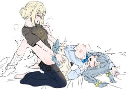 2girls bang_dream! bang_dream!_it's_mygo!!!!! barefoot black_shirt blonde_hair blue_nails blue_pants blue_shirt blue_skirt blush braid closed_eyes commentary dress_shirt futa_with_female futanari highres leg_warmers miomujica misumi_uika multiple_girls nail_polish no_shoes open_clothes open_mouth open_shirt pants partially_unbuttoned purple_eyes sex shirt simple_background skirt socks togawa_sakiko twin_braids untranslatable_commentary white_background white_leg_warmers white_socks