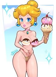 1girls alternate_version_available big_lips bikini bikini_bottom bikini_top bimbo bimbo_lips blonde_hair blue_eyes blush bottomwear breasts choker cleavage ear_piercing earrings female female_only hair hips holding_object ice_cream ice_cream_cone lips lipstick mario_(series) medium_breasts nail_polish nails neckwear nintendo pink_lips pink_lipstick pink_nail_polish pink_nails princess_peach sarong_removed smile solo solo_female sparkles swimwear themed_clothes thick_lips thighs tied_hair topwear wiluma