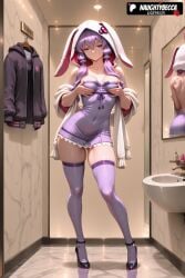 1girls 2025 ai_assisted ai_generated animal_hood anime animeprds25 artist_name bathroom black_footwear breasts contrapposto covered_navel dress full_body grabbing_own_breast hi_res high_heels high_quality high_resolution highres hood hood_up jacket looking_at_viewer mirror patreon_username purple_dress purple_eyes purple_hair purple_thighhighs rabbit_hood reflection skindentation solo stable_diffusion standing strapless strapless_dress strappy_heels thighhighs vocaloid watermark yuzuki_yukari