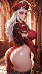 1girl ai_generated armor ass backdoorsenpai big_ass bodysuit close-up curvy egao elbow_gloves female_focus hat head_out_of_frame hip_focus large_breasts leotard long_hair lower_body makeup naughty_face naugty_eyes pauldrons pelvic_curtain perky_breasts red_eyes sally_whitemane solo thick_thighs thigh_boots thighhighs thighs warcraft white_hair wide_hips world_of_warcraft