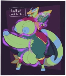 absurd_res anthro areola big_breasts big_penis biped book breasts clothed clothing cowboy_hat dialogue flygon generation_3_pokemon genitals green_body gynomorph hat headgear headwear hi_res huge_penis hyper hyper_genitalia hyper_penis intersex lyratrchubby magic nintendo nipples penis pokemon pokemon_(species) simple_background speech_bubble tail text thick_thighs