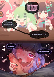 1futa 4girls angels_of_delusion aria_(zenless_zone_zero) aria_(zenless_zone_zero)_(human_form) arm_warmers artist_name bare_shoulders belle_(zenless_zone_zero) black_hair black_nails blush bow breasts closed_eyes colored_inner_hair commentary cup dress drill_hair drink drinking english_text exhibitionism fellatio futa_with_female futanari green_bow green_hair hair_bow hair_ornament hairpin heart heart-shaped_pupils highres licking licking_penis long_hair looking_at_viewer miimach7 mole mole_under_eye multicolored_hair multiple_girls nangong_yu_(zenless_zone_zero) necktie open_mouth oral penis pink_hair pointy_ears public_indecency purple_hair red_eyes red_necktie shirt smile speech_bubble streaked_hair striped_arm_warmers sunna_(zenless_zone_zero) sweat symbol-shaped_pupils table tongue tongue_out twintails uncensored under_table vivian_banshee white_dress white_shirt zenless_zone_zero