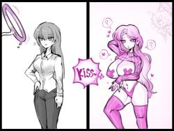 1girls before_and_after big_breasts bimbofication confused corruption demon gyaru heart-shaped_pupils identity_death omeok911 original original_character pink_hair