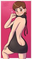 1girls 2025 alternate_hairstyle artist_name ass ass_cleavage black_dress black_sweater blush border breasts brown_eyes brown_hair clothed clothed_female disney disney_channel disney_xd dress earrings female female_only gravity_falls heart heart-shaped_pupils human light-skinned_female light_skin looking_at_viewer looking_back looking_back_at_viewer mabel_pines outside_border short_dress short_hair sleeveless smile solo star_earrings sweater sweater_dress thunderthot turtleneck virgin_killer_sweater white_border
