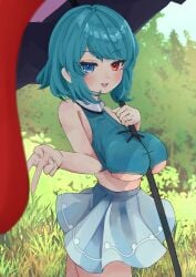 1girl 1girls bare_legs bare_shoulders bare_thighs blue_eyes blue_hair blue_skirt blue_vest cowboy_shot detached_collar forest forest_background half-dressed heterochromia hi_res high_resolution highres holding_umbrella karakasa_obake kogasa_tatara miniskirt no_bra object_between_breasts open_mouth peace_sign red_eyes shinonome_zakuro short_hair skirt sole_female solo solo_female solo_focus sparkle sparkles sparkling_eyes standing sweat sweatdrop sweating tagme thick_thighs thighs tongue touhou umbrella underboob v vest_only youkai