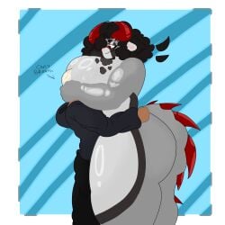 1boy 1girls 2d 2d_(artwork) afro anthro anthro_on_human ass breasts butt clothed clothed_male clothed_male_nude_female demon face_in_breasts faceless_male female female_focus horns huge_ass huge_breasts hugging human humanoid moon_(sl33py_demon) muscular muscular_anthro muscular_female naked_female nude_female oc sl33py_demon smothering smothering_breast spiked_tail text