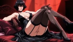 1girls ai_generated ass black_dress black_hair devil_may_cry dress female female_only heterochromia lady_(devil_may_cry) legs pussy thighs