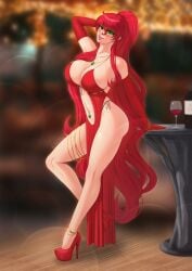 1girls bursting_breasts cocktail_dress green_eyes high_heels huge_breasts long_gloves long_hair navel_cutout ponytail pyrrha_nikos red_hair red_heels revealing_dress rwby viz_media voluptuous xlthuathopec