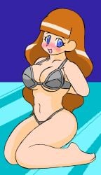 1girls :d big_breasts black_bra black_panties black_underwear blue_eyes blush blushing bra breasts jermaneels kneeling long_hair monica_(jermaneels) navel open_mouth orange_hair panties sensual_pleasure sheets thighs underwear undressing