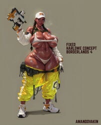 ai_generated borderlands character_design concept_art dark-skinned_female female female_only futuristic huge_breasts thick_thighs weapon