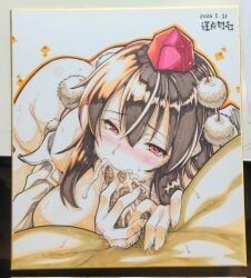 1girl alternate_breast_size_(larger) blush bottomless breasts brown_hair commentary_request cum cum_in_mouth dated ejaculation erection fellatio hat highres huge_breasts male_pubic_hair open_clothes open_shirt oral ouma_tokiichi penis photo_(medium) pom_pom_(clothes) pov pov_crotch pubic_hair red_eyes ribbon-trimmed_thighhighs ribbon_trim shameimaru_aya shikishi tearing_up thighhighs tokin_hat touhou traditional_media white_background white_thighhighs