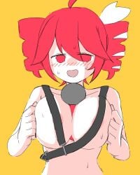 1girls areola_slip areolae areolae_slip belt between_breasts black_belt blush breasts breasts_squeezed_together collarbone hair_ribbon kasane_teto kasane_teto_(sv) large_breasts microphone microphone_between_breasts multicolored_hair mv_character nipple_slip nude open_mouth oshijuu748 red_eyes red_hair ribbon simple_background streaked_hair sweat synthesizer_v tetoris utau white_hair white_ribbon yellow_background