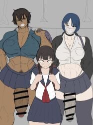 1girls 2futas abs akane_(soutoku) big_breasts big_penis breasts censored cleavage condom dark-skinned_futa dark_skin flaccid futanari huge_balls huge_breasts huge_cock huge_penis imminent_rape imminent_sex mask muscular muscular_futa original original_character penis pubic_hair skirt soutoku unfinished veiny_penis