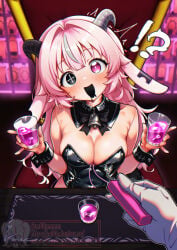 1girl animegao black_eyes black_leotard blush bodysuit breasts commentary_request cosplay demon_horns detached_collar egg_vibrator femme_soule horns kigurumi large_breasts leotard long_hair looking_at_viewer m00nmmm pink_hair pukey_goddess_shot_trick sex_toy sitting solo very_long_hair vibrator