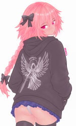 ass astolfo_(fate) back_view cute cute_ass fate_(series) femboy hoodie merch odenezix original outfit panties pink_hair short_skirt simple_background smile