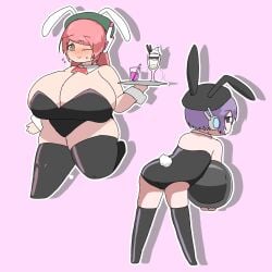 2girls artist_request beret black_boots black_hat black_leotard blush bowtie breasts chubby closed_eyes detached_collar drink fake_animal_ears fake_tail fat flying_sweatdrops from_behind gigantic_breasts glass green_hat hairclip hat holding_plate huge_breasts hyper_breasts leg_up leotard long_hair momone_momo outline overweight overweight_female parfait pink_background pink_hair plate plump purple_hair rabbit_ears red_bowtie robot robot_ears robot_girl shadow short_hair simple_background smile strapless_leotard sweat tail thick_thighs thigh_boots utane_uta utau white_outline