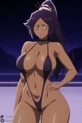1female 1girl 1girls 2026 ai_generated artist_name bare_shoulders big_ass big_breasts black_hair black_one-piece_swimsuit bleach bleach:_the_thousand-year_blood_war blush breasts choker cleavage collarbone curvy dark-skinned_female dark_skin hand_on_hip hi_res high_quality high_resolution highres huge_ass huge_breasts large_breasts long_hair looking_at_viewer navel night one-piece_swimsuit patreon patreon_username ponytail purple_hair shihouin_yoruichi slingshot_swimsuit solo swimsuit thighs unjobdespiert watermark yellow_eyes yoruichi_shihouin