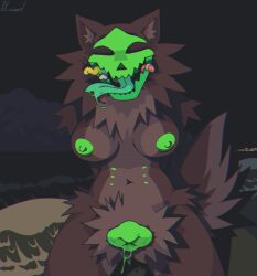 69weed anthro big_breasts breasts canid canine cookie dripping_tongue dripping_wet female fluffy food hi_res mammal pubes skull_dog solo vomit_(character)