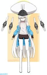 absurdres blindfold blue_archive colored_skin earthbiti extra_pupils fin_funnels floating floating_object floating_weapon funnels_(gundam) hair_over_one_eye halo highres large_hat malkuth_(blue_archive) mask mechanical_tail non-web_source original renti respirator ring_of_light_(blue_archive) segmented_tail siblings symbol-shaped_pupils tail triplets white_hair white_skin white_tongue x-shaped_pupils yellow_halo