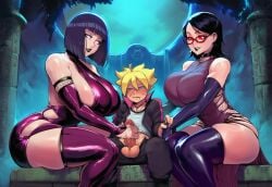 1boy 2girls ai_generated ass big_ass big_breasts black_hair blonde_hair blue_eyes blush boruto:_naruto_next_generations boruto_uzumaki breasts bustybunz choker commentary_request cum cum_on_body cum_on_penis dominant double_handjob embarrassed_male erection female femdom full_moon gloves glowing_eyes goth group_sex handjob hinata_hyuga huge_ass huge_breasts hyuuga_hinata incest large_ass large_breasts latex latex_bodysuit male massive_breasts mother_and_son multiple_girls naruto_(series) night penis purple_latex red_eyes red_glasses sarada_uchiha shiny_clothes straight sweat sweaty thighhighs threesome tight_clothing uchiha_sarada uzumaki_boruto uzumaki_hinata