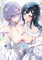 2girls :d aqua_eyes aqua_flower aqua_rose asymmetrical_docking bare_shoulders black_hair blue_eyes blush bouquet breast_press breasts bride closed_mouth collarbone cowboy_shot crescent crescent_earrings crescent_hair_ornament crossed_bangs detached_collar dress earrings elbow_gloves eyelashes fingernails flower frills gem glass gloves hair_between_eyes hair_intakes hair_ornament hairclip hairpin hand_up highres holding holding_bouquet jewelry kat_(bu-kunn) large_breasts long_fingernails long_hair looking_at_viewer multiple_girls nail_polish necklace open_mouth original pink_nails purple_flower purple_hair purple_rose ring rose round_eyewear ruffling_hair shiny_skin sidelocks smile standing strapless strapless_dress sweat sweatdrop tiara wedding_dress wedding_ring white_dress white_gloves